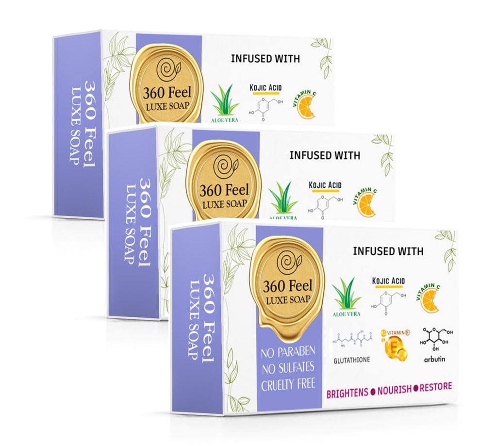 360Feel Soap with Kojic Acid, Glutathione,Alpha-Arbutin, Aloe Vera, Vitamin C & E, Paraben-Free, Cruelty-Free 75g suitable for all skin types | men and women (Pack of 3)