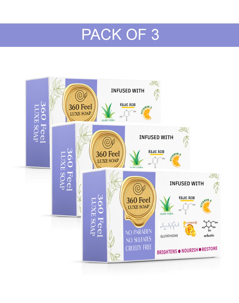 360Feel Soap with Kojic Acid, Glutathione,Alpha-Arbutin, Aloe Vera, Vitamin C & E, Paraben-Free, Cruelty-Free 75g suitable for all skin types | men and women (Pack of 3)